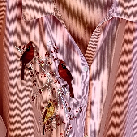Tia Designs Woman Red Striped Bedazzled Three Embroidered Cardinal Blouse Sz 3X - Picture 2 of 8